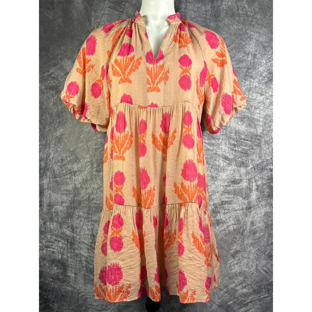 Anthropologie THML Nelly Rose Tiered Dress Women Med Brown Pink Ikat Puff Sleeve